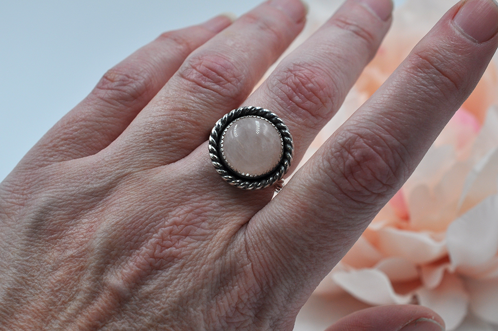 Round Rose Quartz and Sterling Silver Antiqued Ring • US Size 7.5, US Size 8