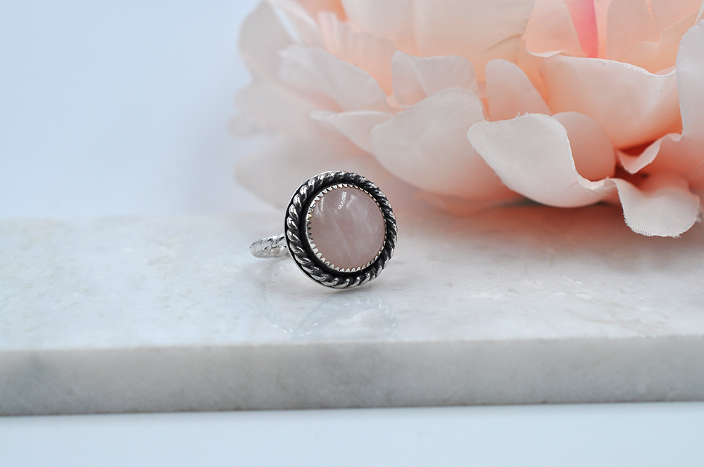 Round Rose Quartz and Sterling Silver Antiqued Ring • US Size 7.5, US Size 8