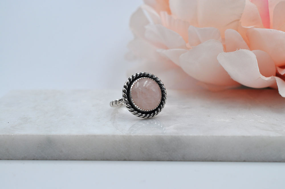Round Rose Quartz and Sterling Silver Antiqued Ring • US Size 7.5, US Size 8