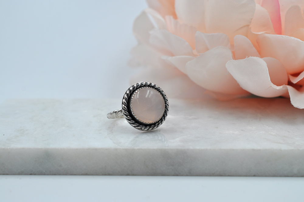 Round Rose Quartz and Sterling Silver Antiqued Ring • US Size 7.5, US Size 8