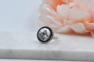 Round Howlite and Sterling Silver Antiqued Ring • US Size 7.5, US Size 8.5