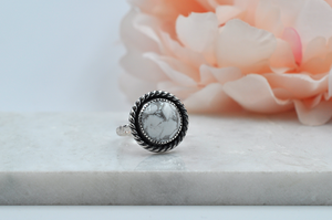 Round Howlite and Sterling Silver Antiqued Ring • US Size 7.5, US Size 8.5