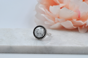 Round Howlite and Sterling Silver Antiqued Ring • US Size 7.5, US Size 8.5