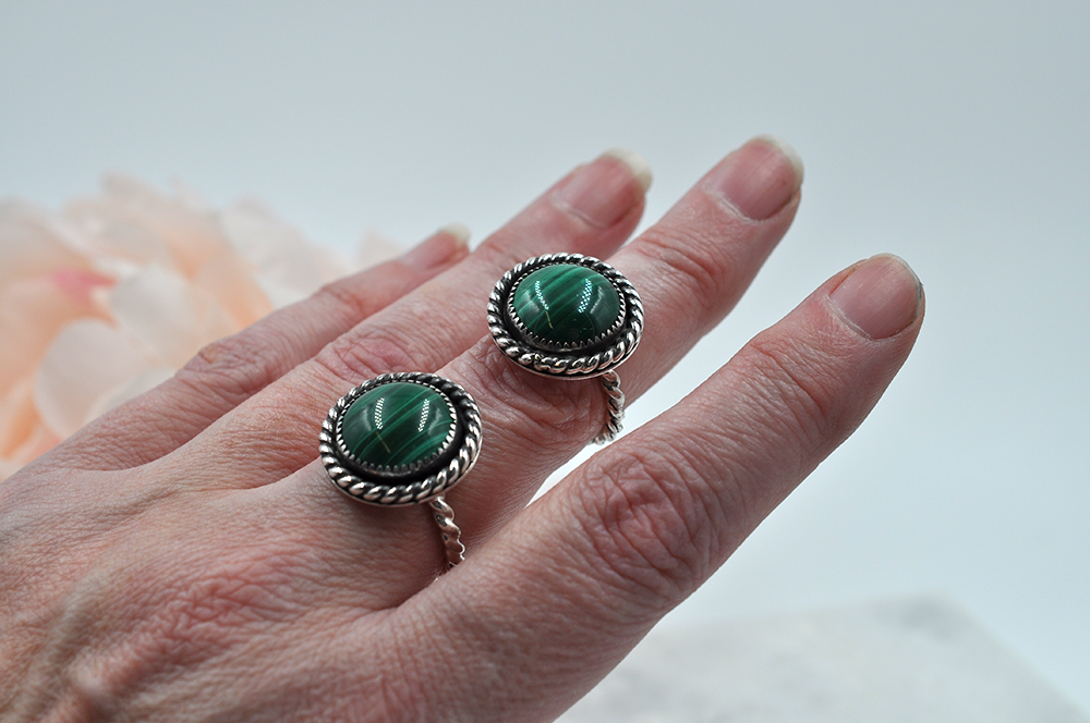Round Malachite and Sterling Silver Antiqued Ring • US Size