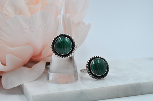 Round Malachite and Sterling Silver Antiqued Ring • US Size 6.5, US Size 7.5