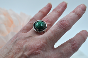 Round Malachite and Sterling Silver Antiqued Ring • US Size 6.5, US Size 7.5