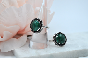 Round Malachite and Sterling Silver Antiqued Ring • US Size 6.5, US Size 7.5