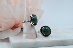 Round Malachite and Sterling Silver Antiqued Ring • US Size 6.5, US Size 7.5
