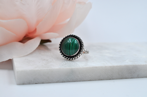 Round Malachite and Sterling Silver Antiqued Ring • US Size 6.5, US Size 7.5