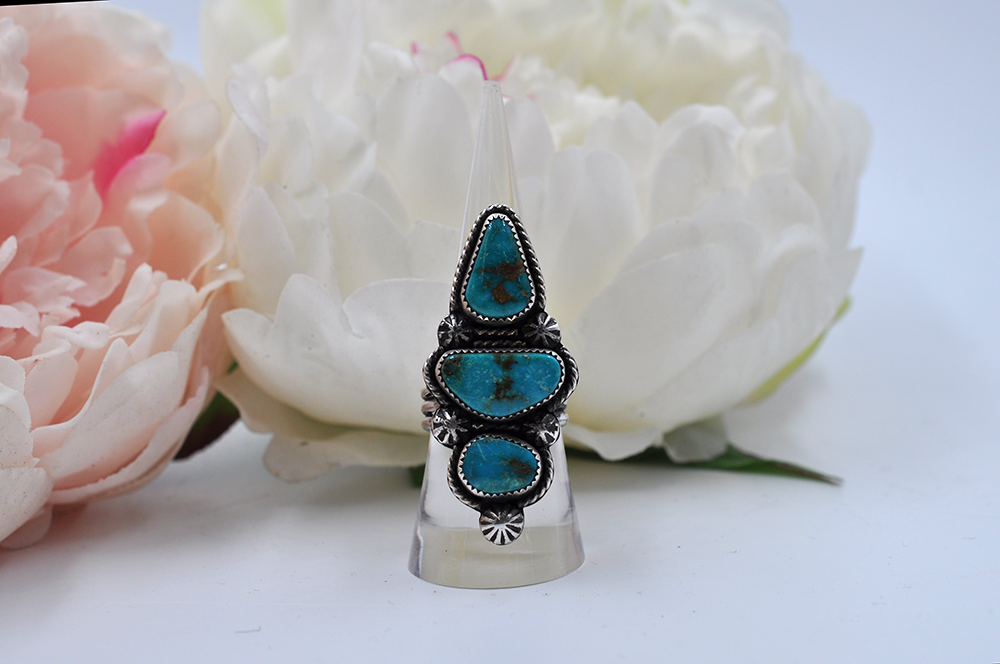 Three Stone Turquoise Mountain Turquoise Sterling Silver Ring • Size 9