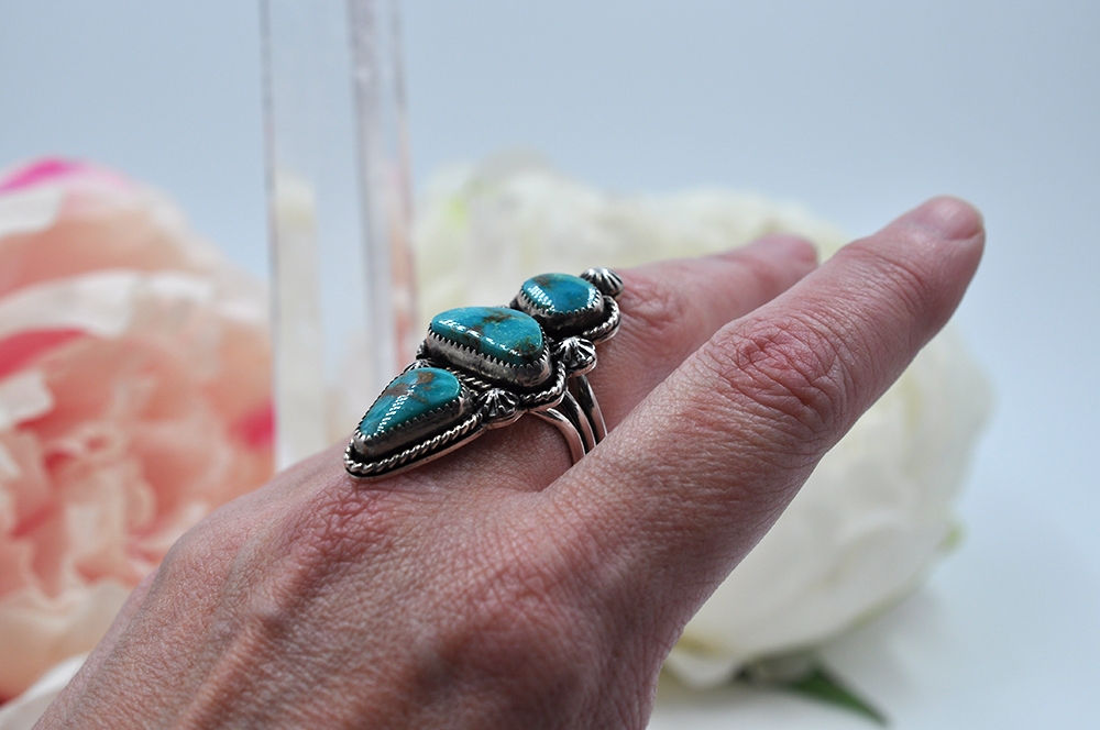 Three Stone Turquoise Mountain Turquoise Sterling Silver Ring • Size 9