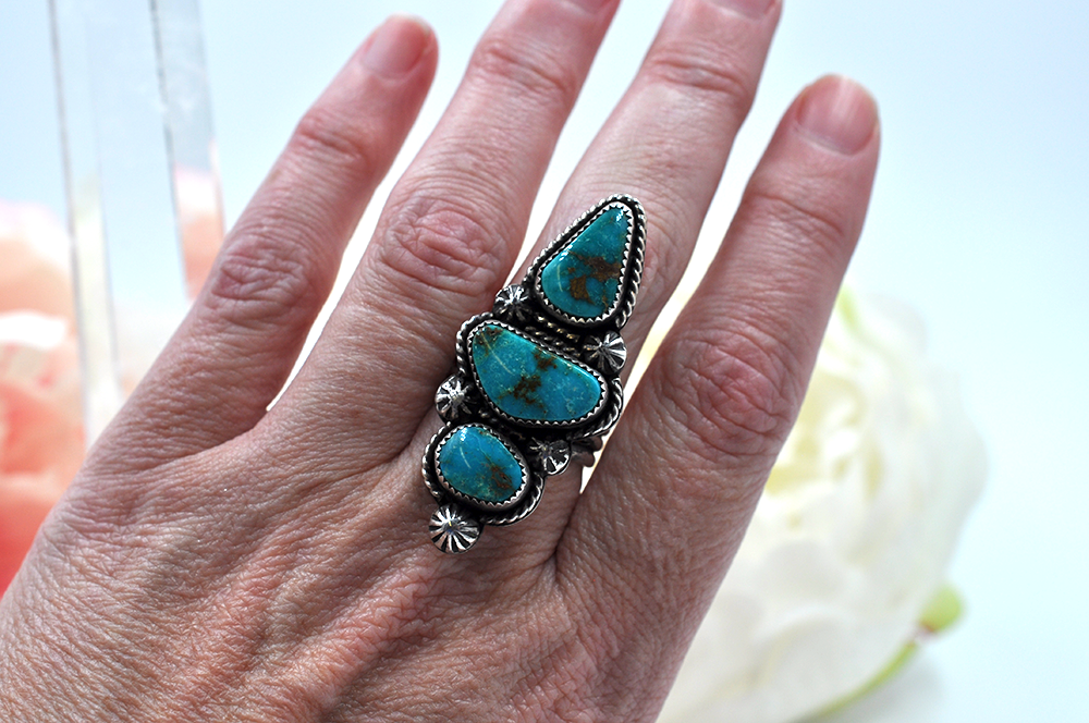 Three Stone Turquoise Mountain Turquoise Sterling Silver Ring • Size 9
