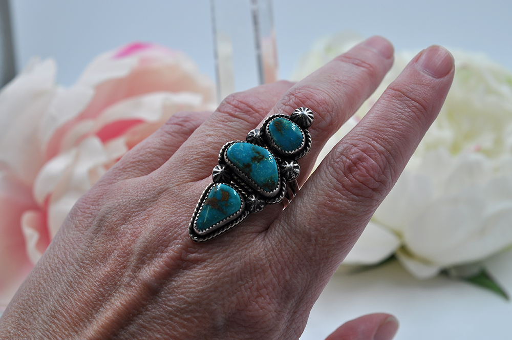Three Stone Turquoise Mountain Turquoise Sterling Silver Ring • Size 9