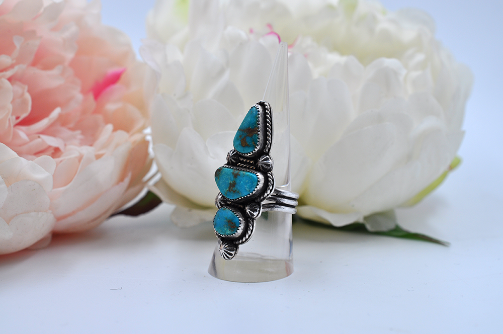 Three Stone Turquoise Mountain Turquoise Sterling Silver Ring • Size 9