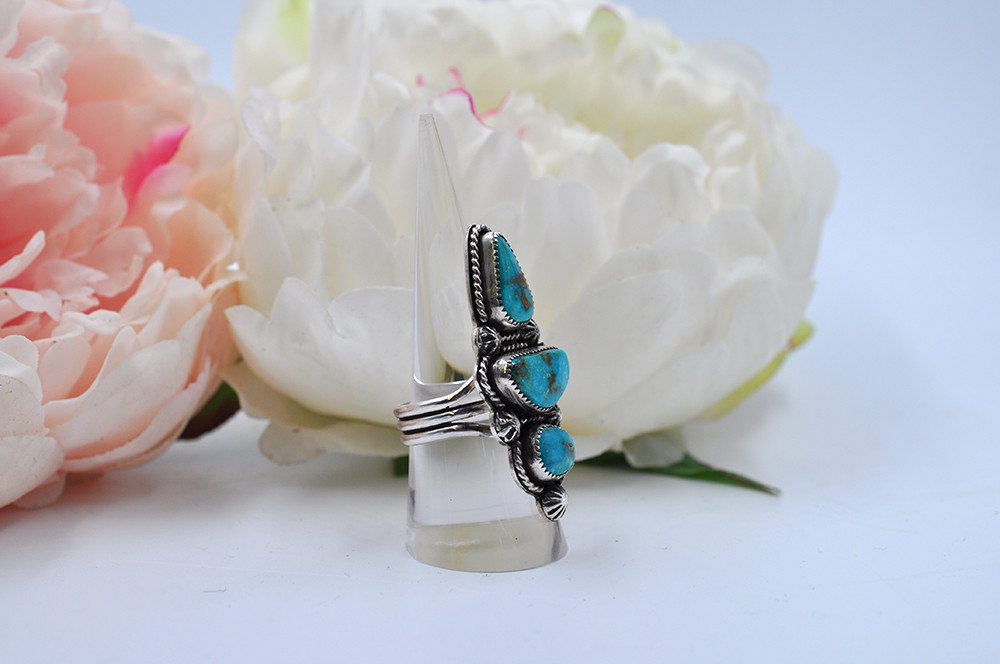 Three Stone Turquoise Mountain Turquoise Sterling Silver Ring • Size 9