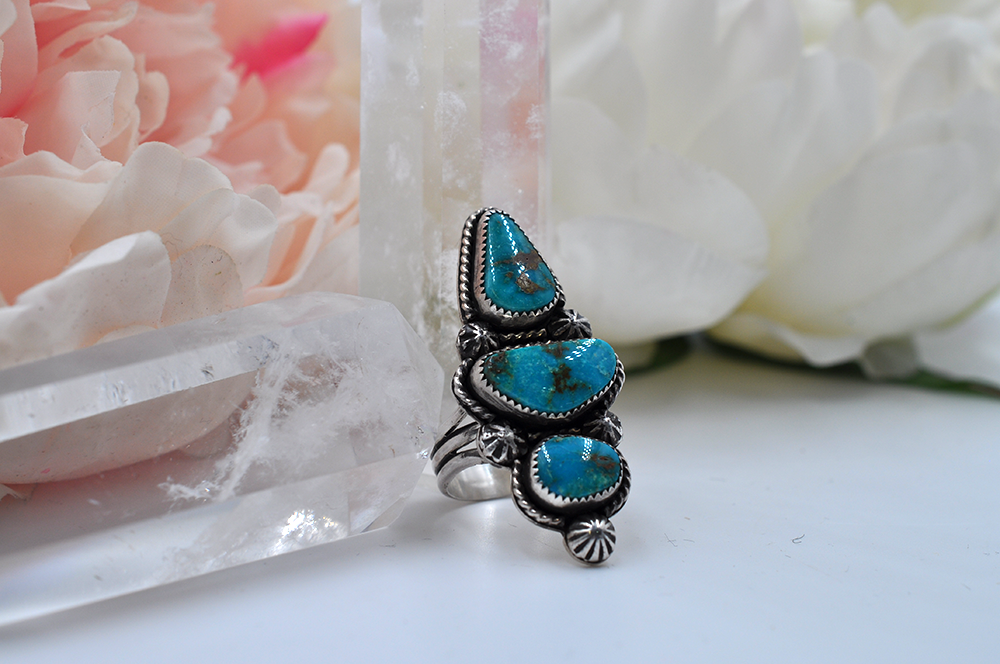 Three Stone Turquoise Mountain Turquoise Sterling Silver Ring • Size 9